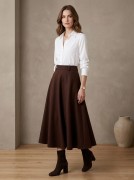 Rozkloszowana spódnica midi 100% wełna – czekoladowy brąz
