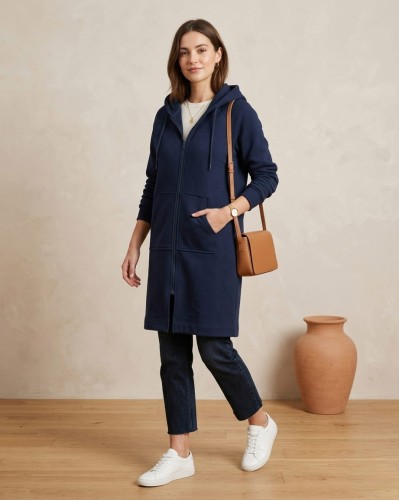 Bluza kangurka z kapturem - Długa - Granatowa